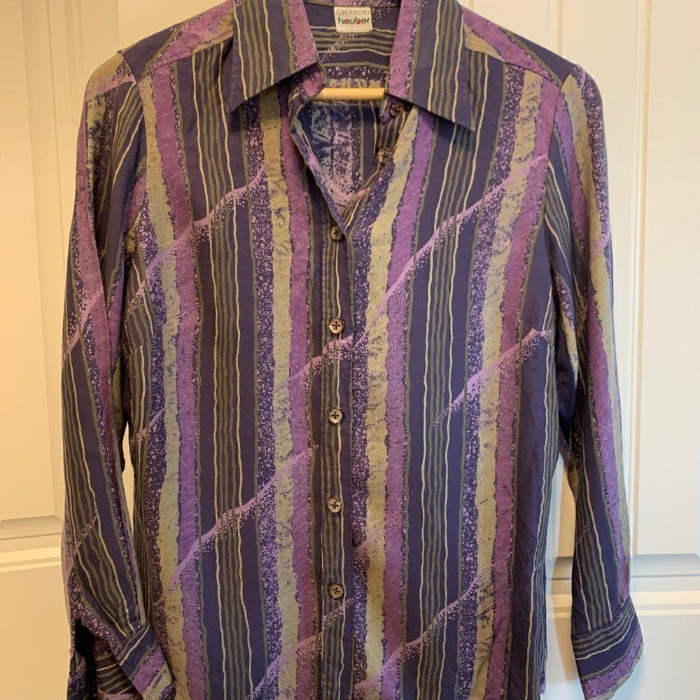 Hauber women's blouse/shirt, sz M, deep purple, sage, EUC, 100% viscose